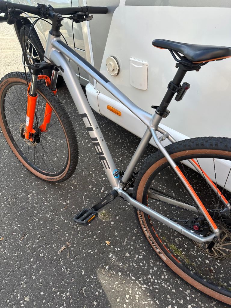 Cube Mountain Bike – Silver with Orange Forks, As Good As New