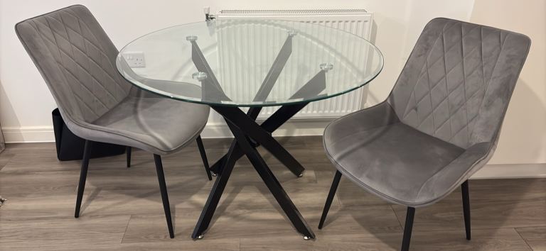 Modern Glass Dining Table with Grey Velvet Chairs – Excellent Condition