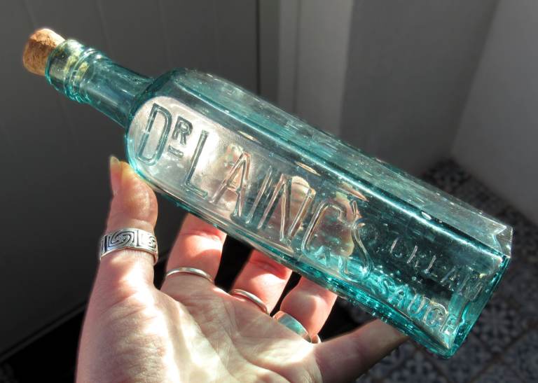 Antique Dr Laing's Cream Sauce Bottle Large Vintage Corked Blue Glass Bottle