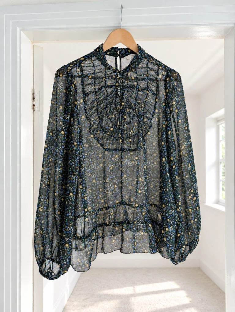 M&S Black Floral Chiffon Blouse UK 18 Long Sleeve Ruffle Neck Floaty Top