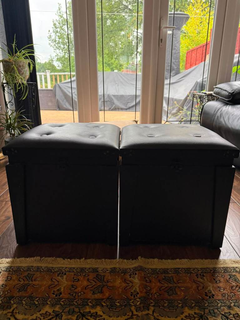Pair of Black Storage Ottomans / Stools - H40xD40xW40cm, Good Condition