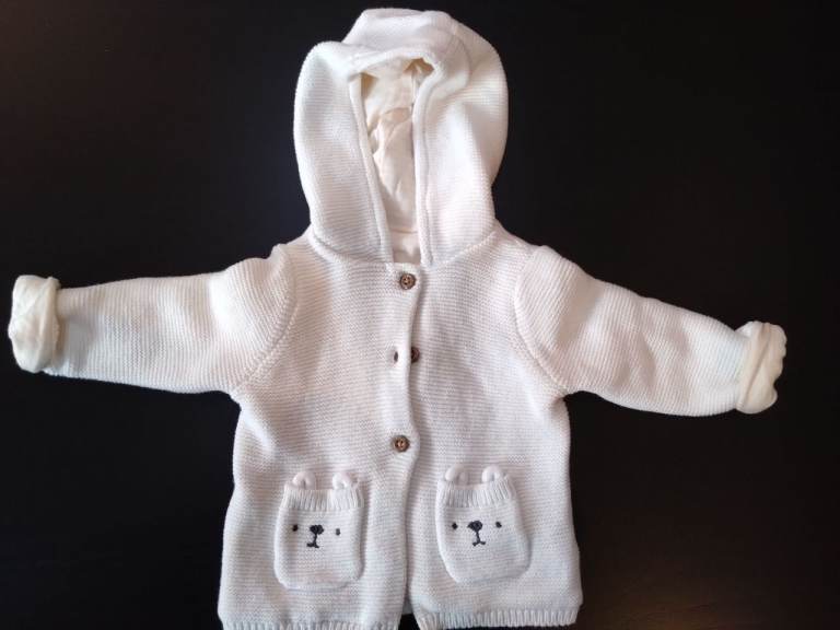 TU Baby White Hooded Knit Cardigan with Bear Pockets | 0-3 months
