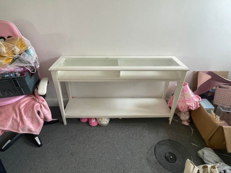 White Console Table with Glass Top – Good Condition