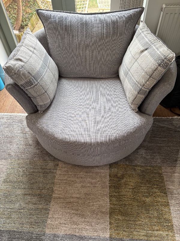 DFS Grey Swivel Cuddle Chair with Scatter Cushions – 1 Seater