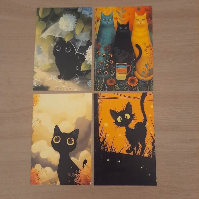 Lovely Set of Four Black Cat Art Prints with Stands