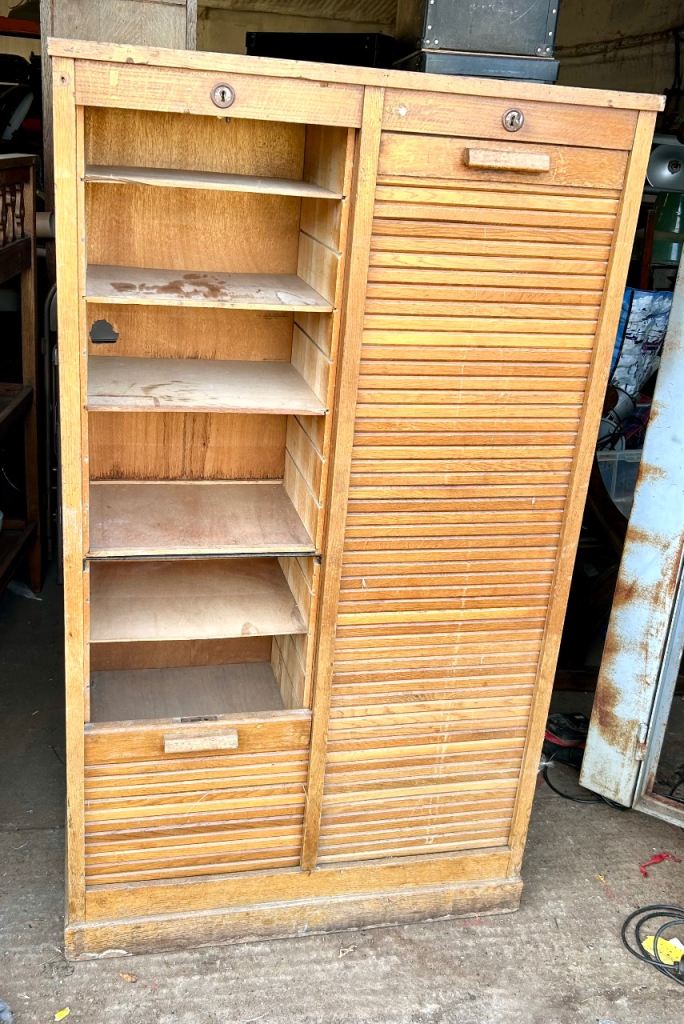 Vintage Mid Century French Double Door Tambour, Haberdashery  Filing Cabinet Oak