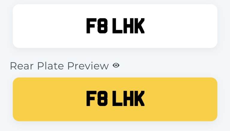 Private number plate falak, falaq (F8 LHK) muslim asian name