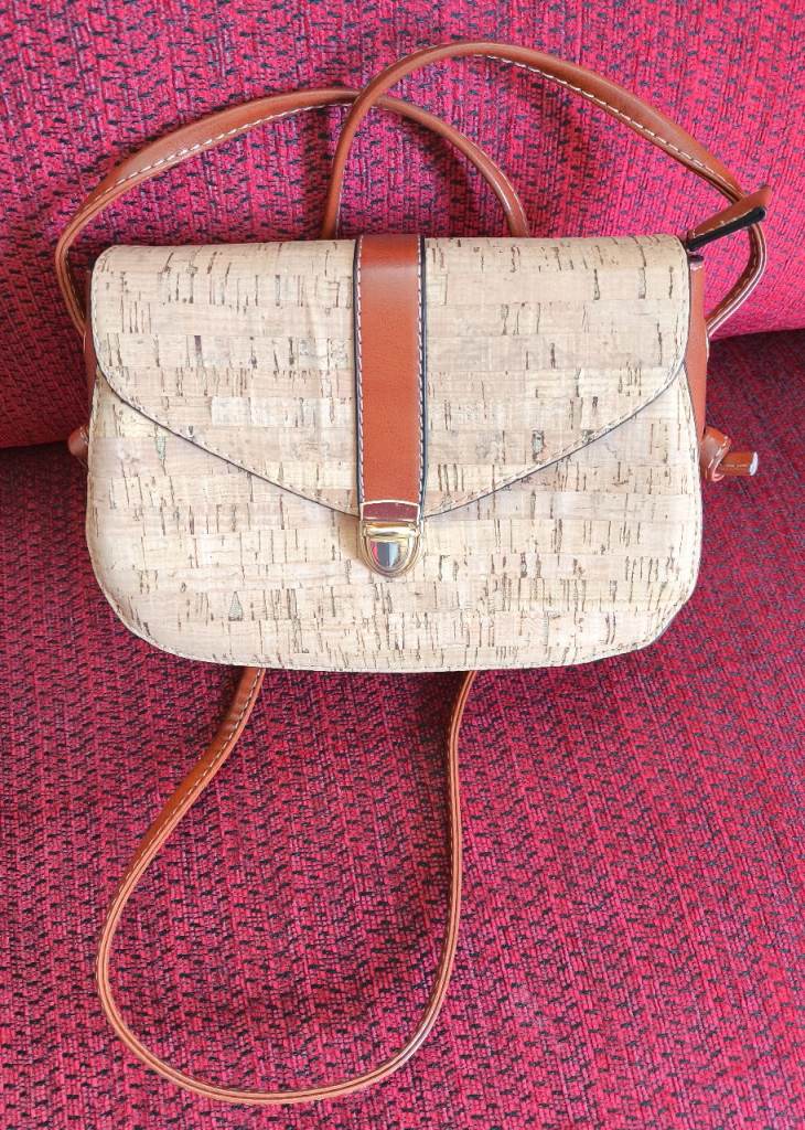 Cork decorated Handbag with Faux Leather panels. Thin shoulder strap. Nearly New