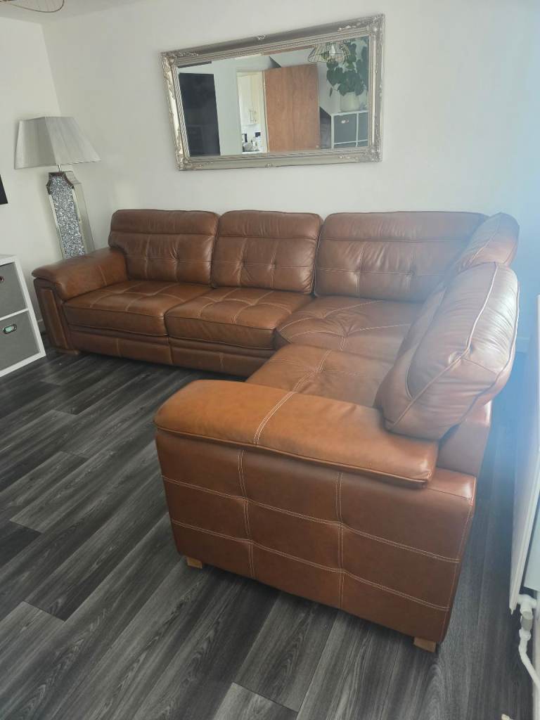 Large brown real leather corner sofa