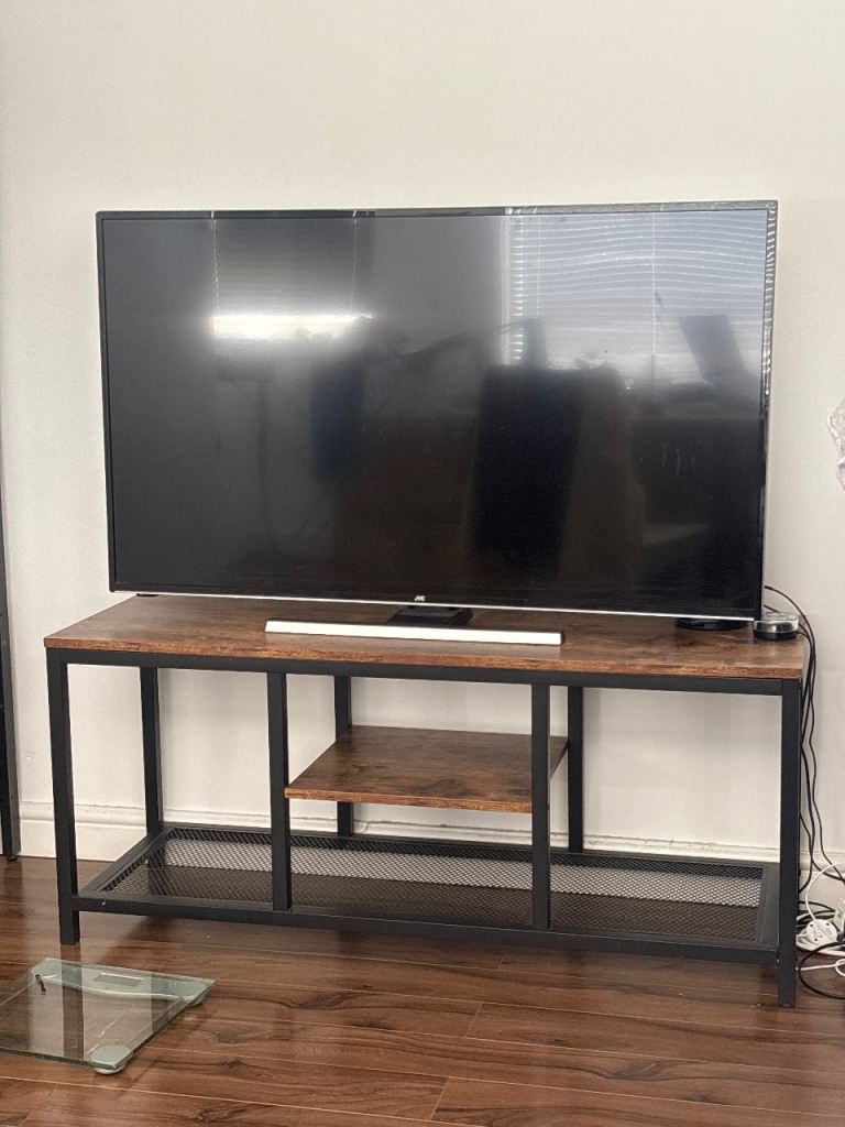 Industrial Style TV Stand with Shelf – Dark Wood Effect