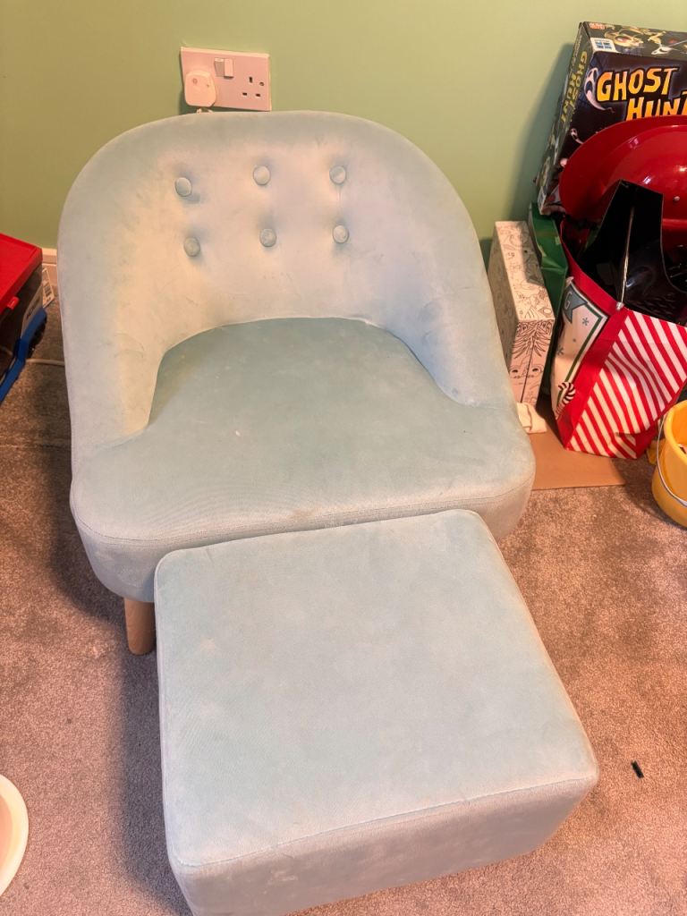 Light Blue Armchair and Footstool Set – Good Condition