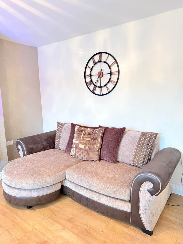 Brown Fabric Corner Sofa with Sofa Bed and Swivel Chair