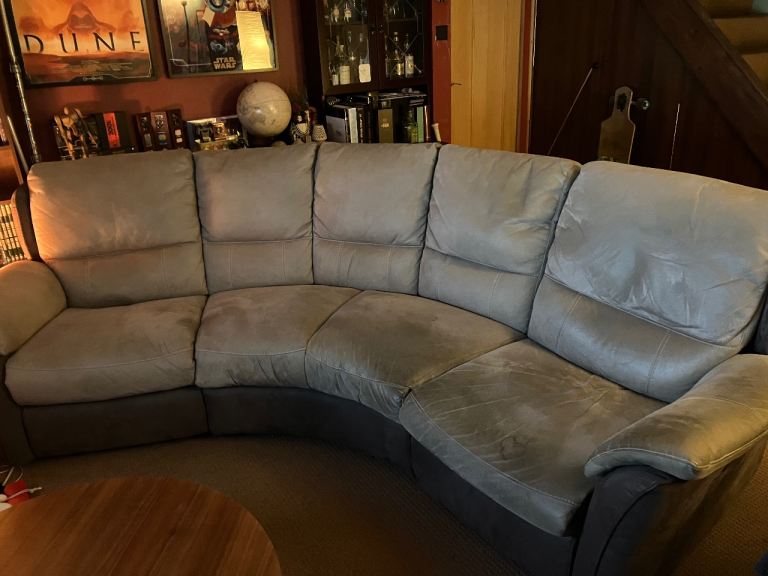 DFS curved duotone grey suede 5 seater sofa, 2 reclining