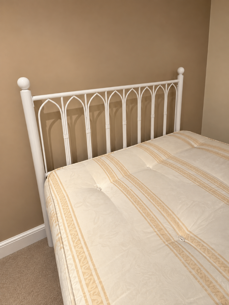 Lovely white metal double bed frame with matching Crown Orthopaedic mattress.