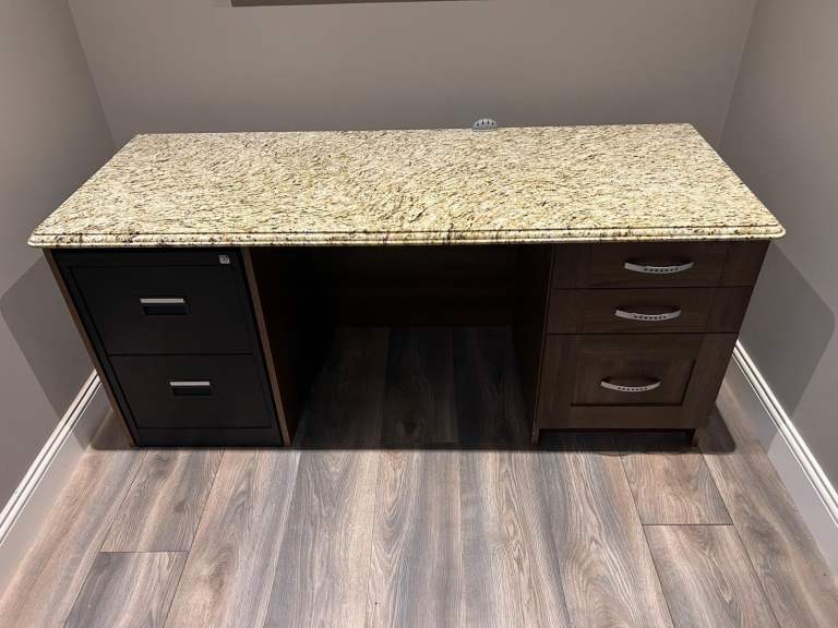 Granite top desk with filing cabinet & drawers 