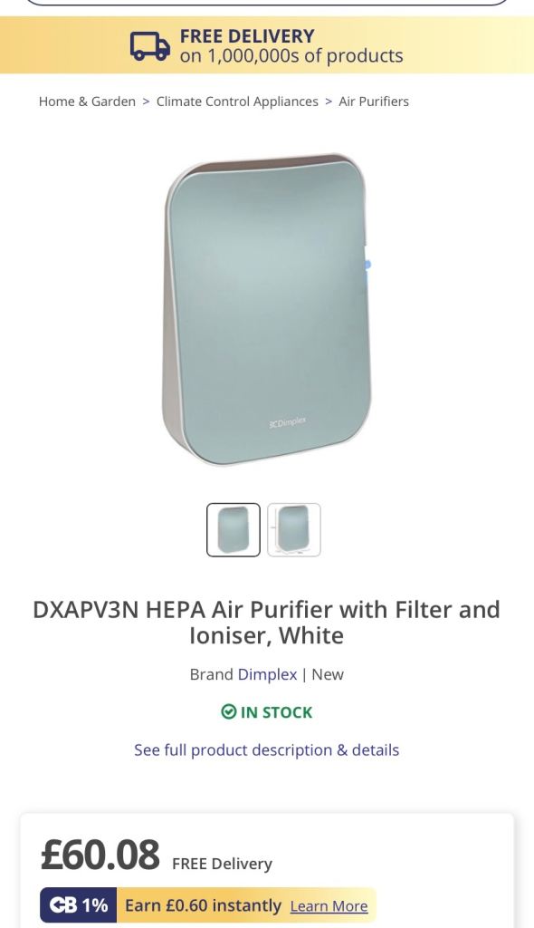 Dimplex DXAPV3N HEPA Air Purifier with Filter and Ioniser – White