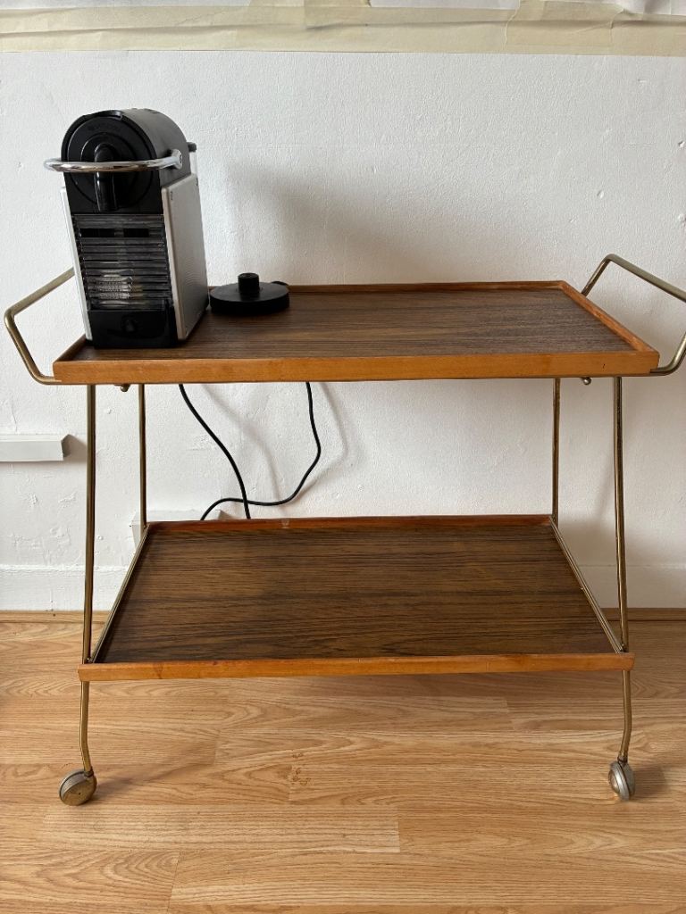 Mid-Century Modern Drinks Trolley / Bar Cart – Wood & Brass – Vintage 1960s Style Bar Cart
