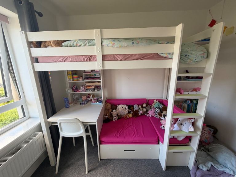 High sleeper bunk bed with underneath desk, couch and pull out bed
