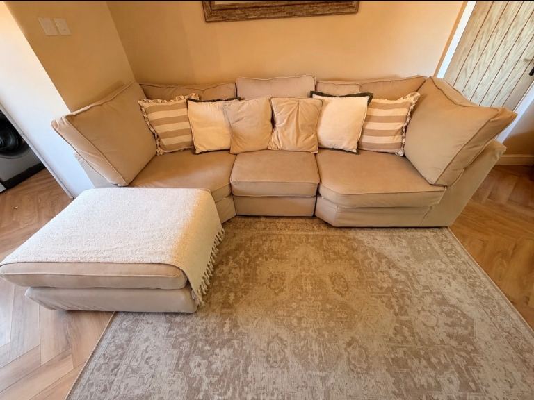 Comfortable Beige Corner Sofa with  Footstool and pillows