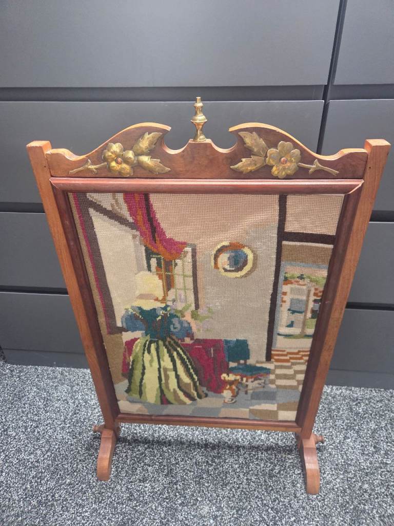 Vintage Wooden Fire Screen with Needlepoint Tapestry & Brass Accents
