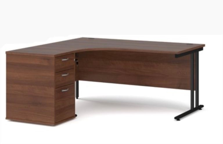 Large curved right angle office desk with file draw cabinet 