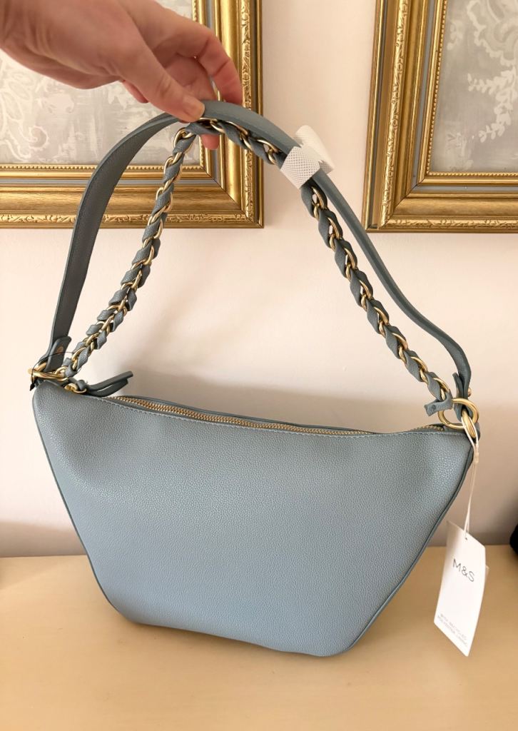 Marks & Spencer’s ladies blue handbag with removable gold chain strap NEW with tags 