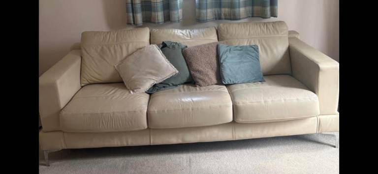 Comfortable Beige Leather Three-Seater Sofa – Good Condition