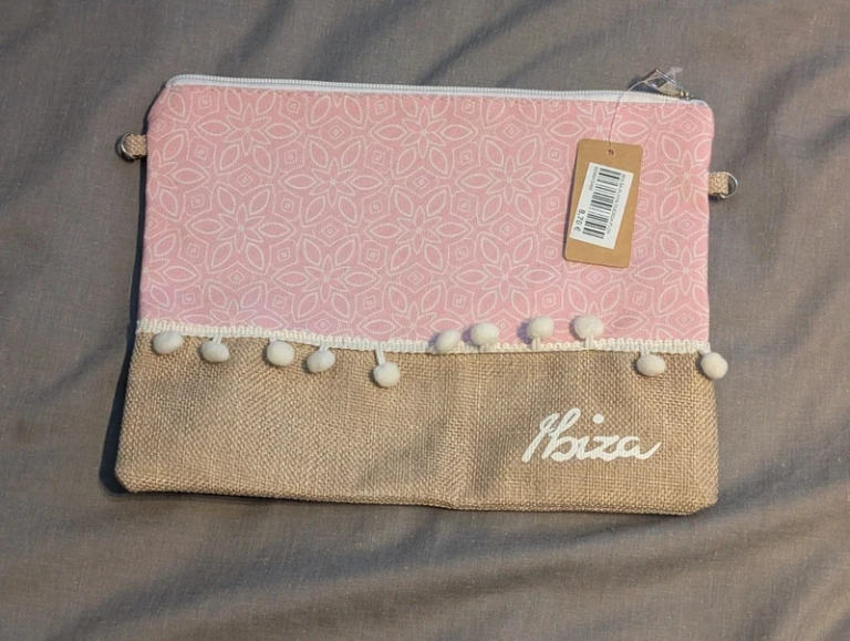 Goa Ibiza Pink Geometric Boho Pouch Pom Pom Canvas Jute Cosmetic Makeup Bag New