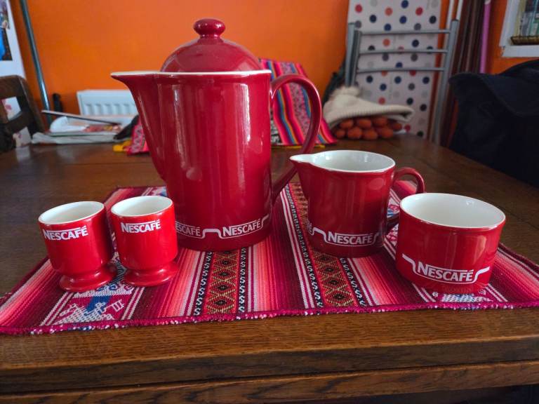 Vintage 1990s Large Red Ceramic Nescafe Coffee Pot Set | Retro Red 90s Kitchenalia