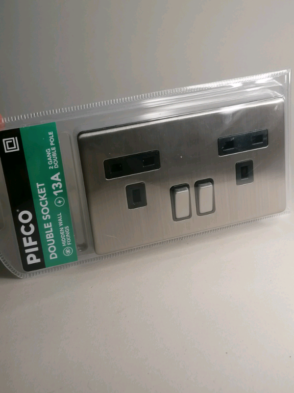 13 Amp 2 Gang DP Switched Socket - Nexus - Brushed Steel/Grey