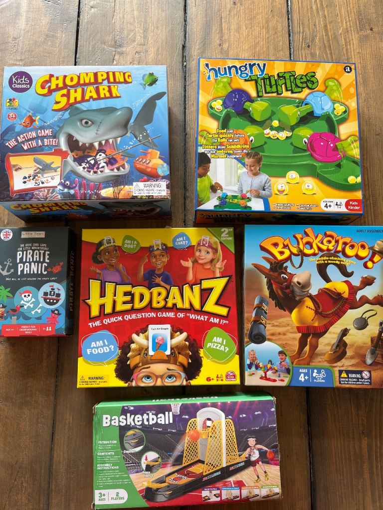 Kids Board Games Bundle - Chomp Shark, Hungry Hippos, Hedbanz, Buckaroo - collection only