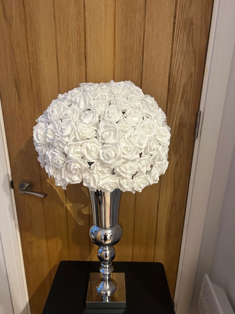 Stunning White Rose Head Display with Tall Silver Vase