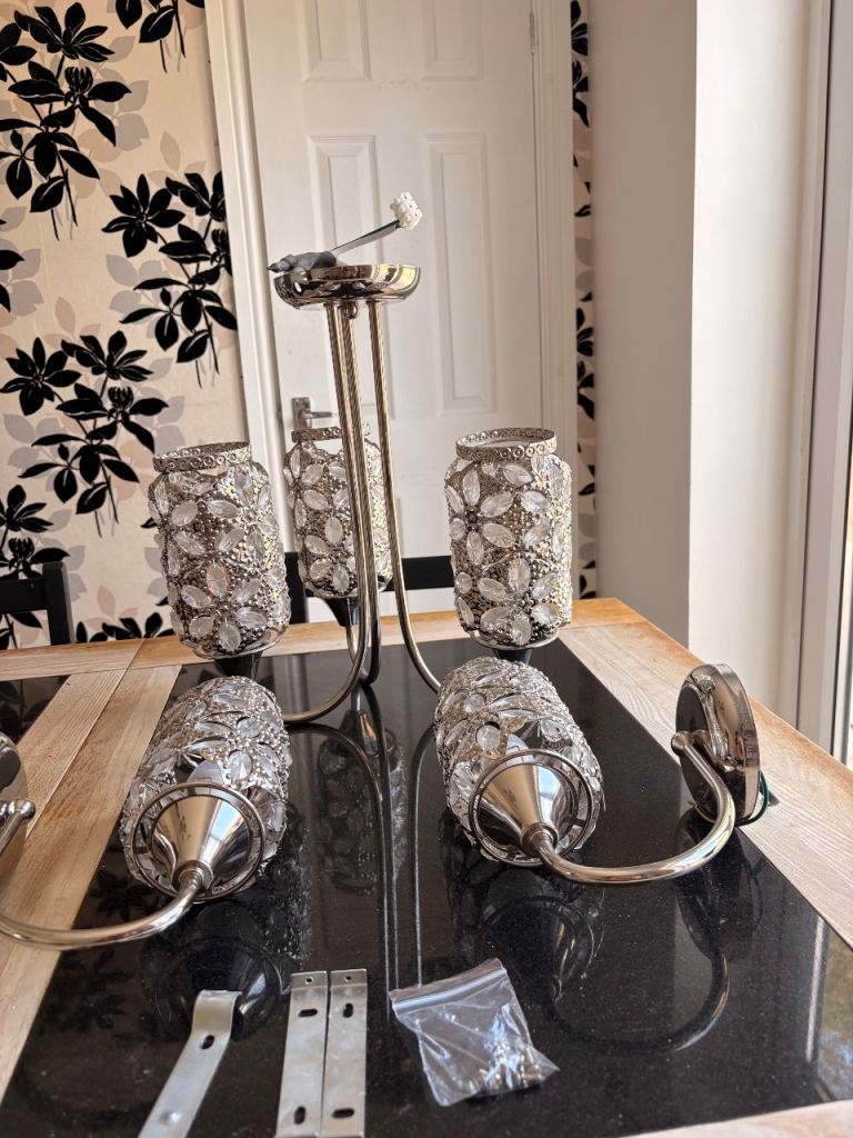 Stylish Silver Chandelier with Matching Wall Lights – As New
