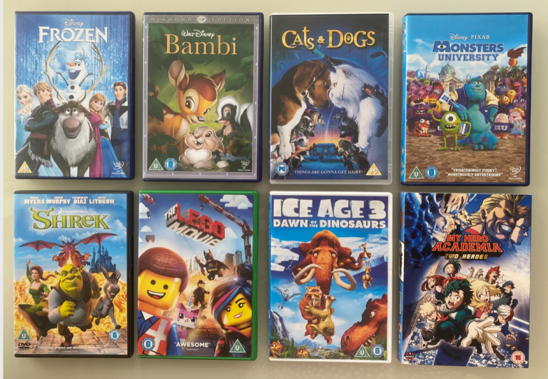 A bundle of 8 DVDs Frozen, Bambi, Cats & Dogs, Monsters University, Shrek, The Lego, Ice Age 3,  My 