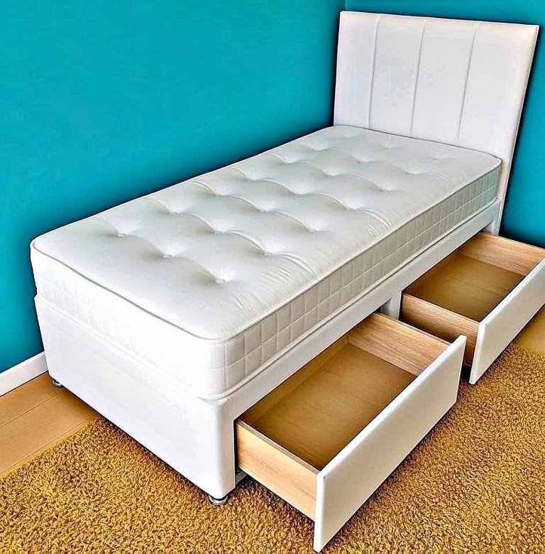 Stylish Single Panel Divan Bed with 4 Drawers + Mattress - Brand New