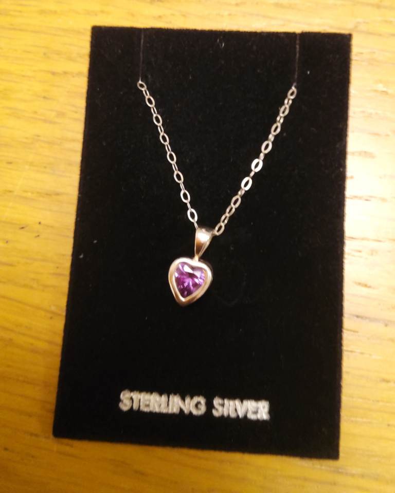 Sterling silver 925 chain and heart pendant with purple stone inset