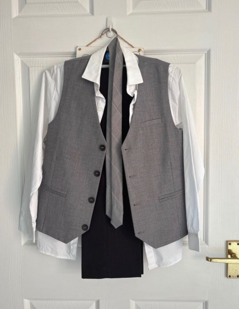 NEXT White Shirt, Grey Waistcoat, Black Pinstripe Trousers & Tie Age 11-12 Years