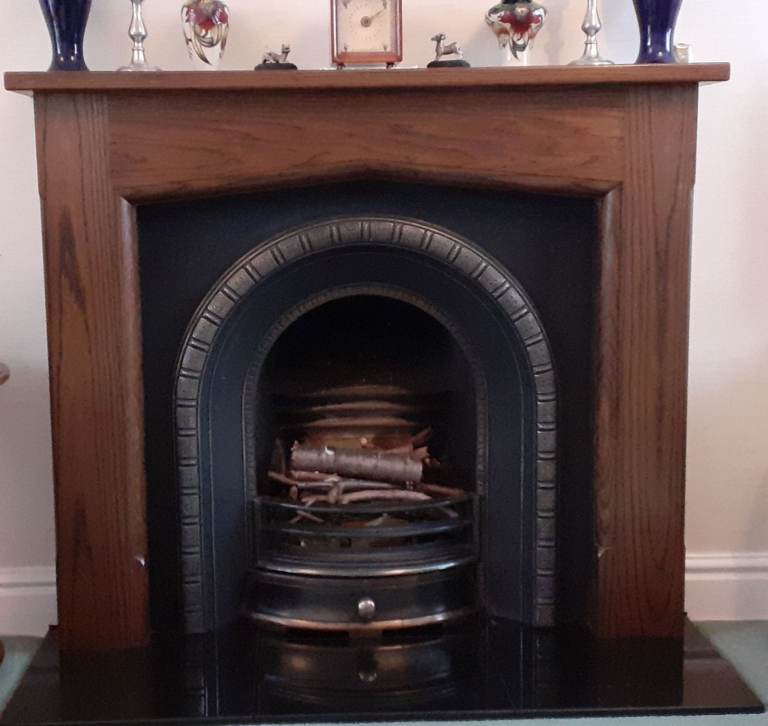 Fireplace surround, steel insert and grate 