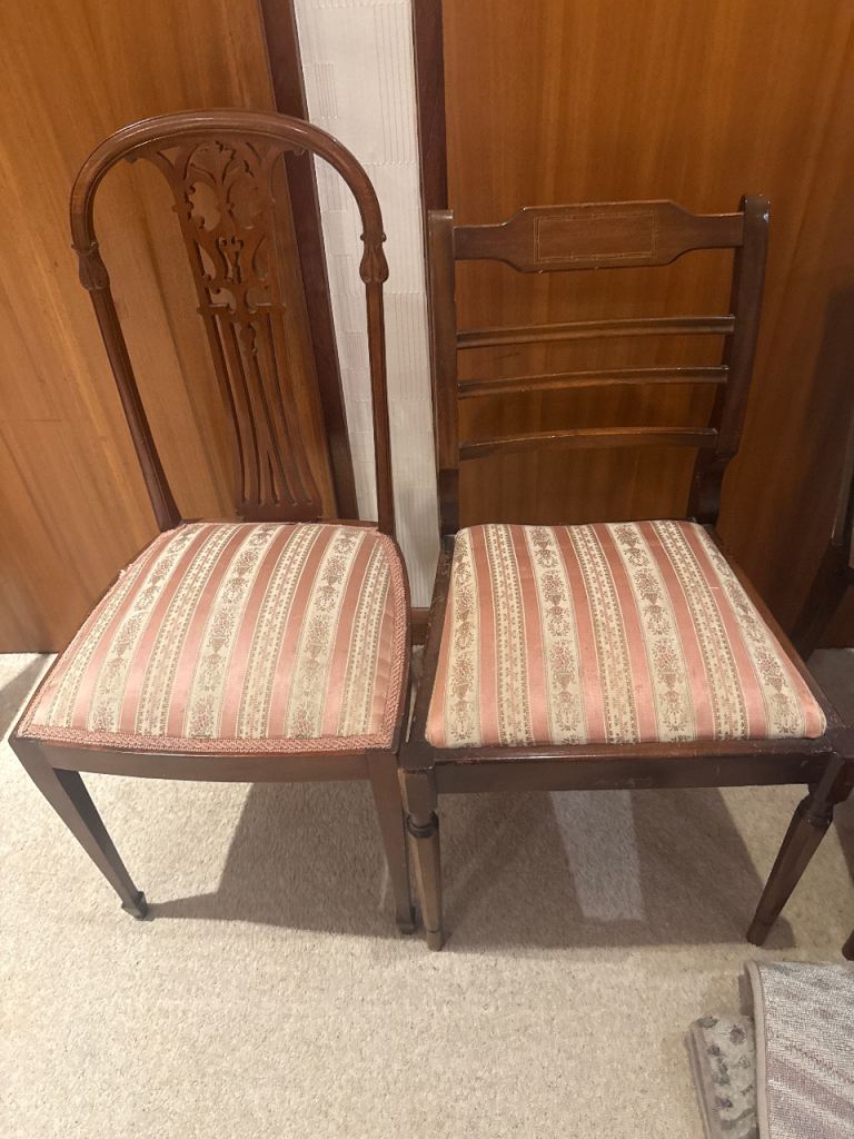 Pair of Vintage Wooden Dining Chairs with Striped Fabric Seats