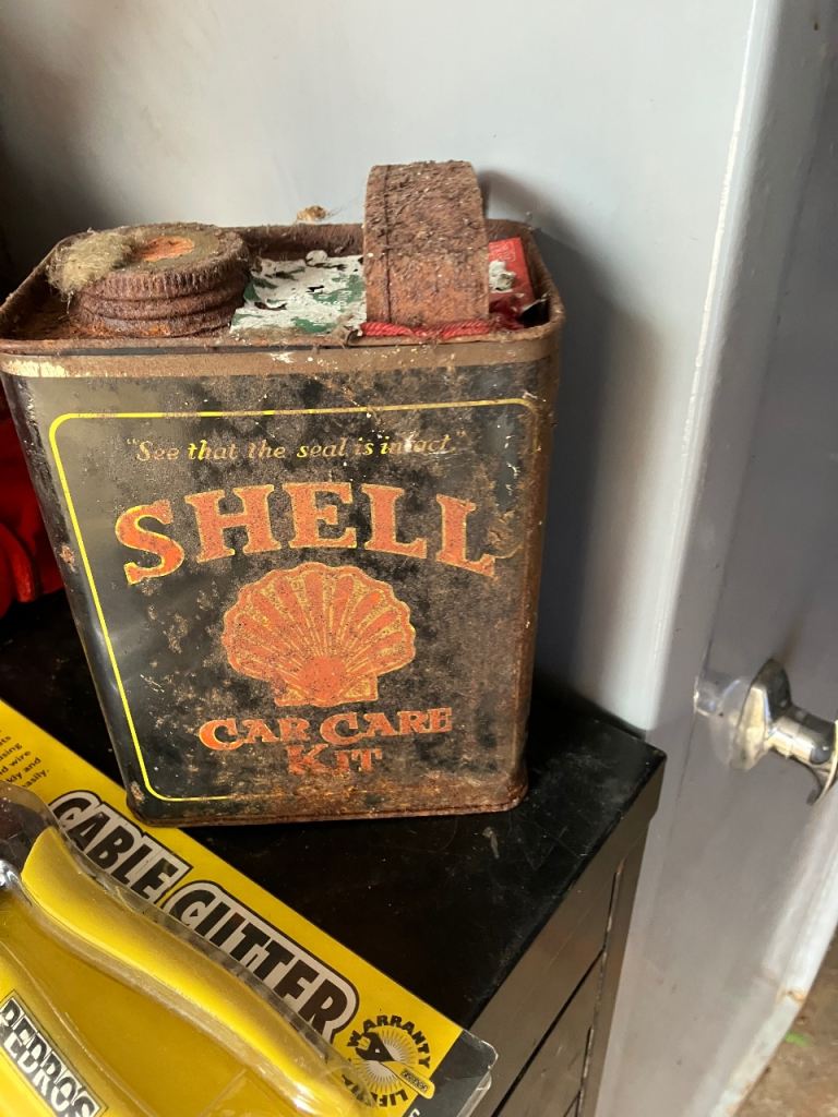 vintage Shell Car Care Kit tin can from the mid-20th century