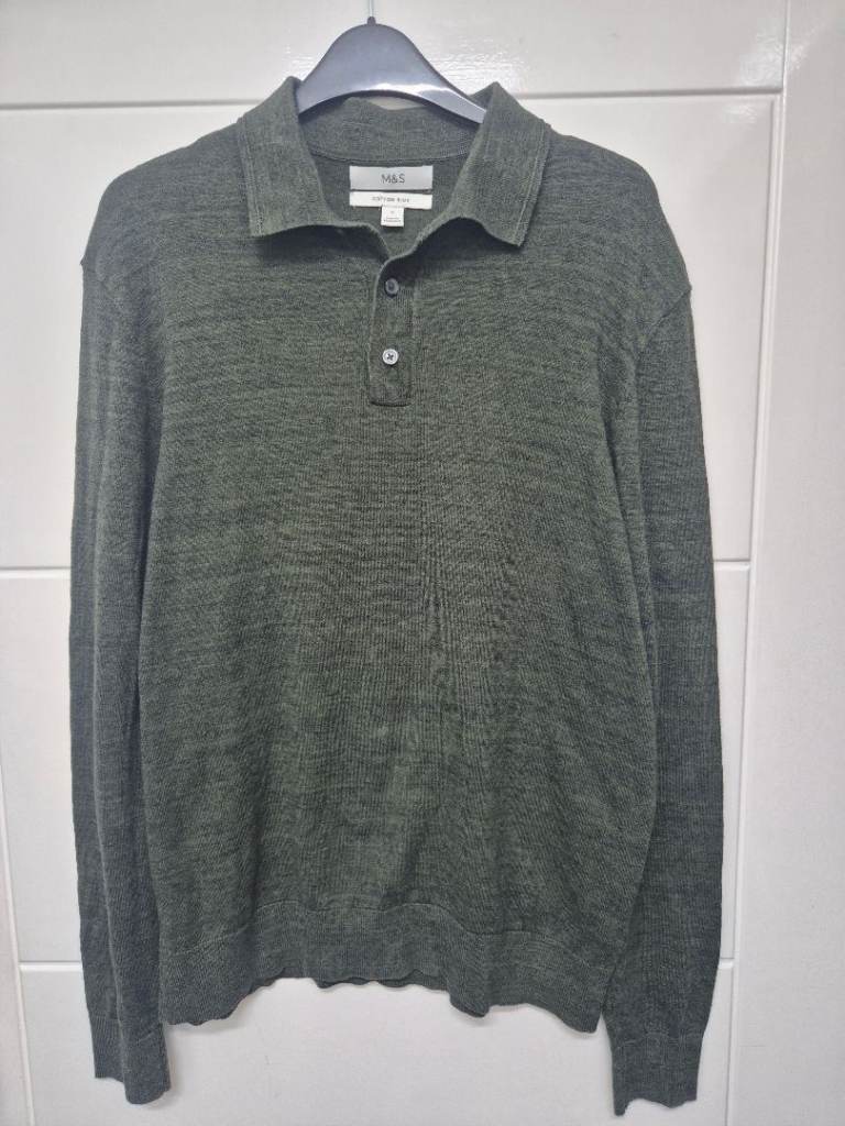 M&S Men's Green Cotton Rich Polo Jumper – Good Condition