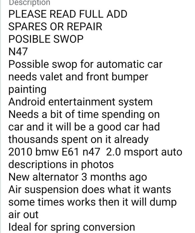 2010 BMW E61 spares or repair 