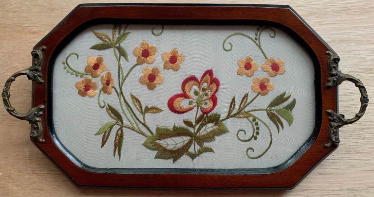 Octagonal Wooden Serving Tray with Embroidered Floral Design