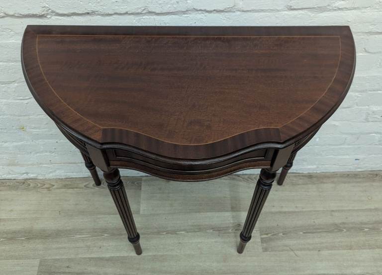 Reproduction mahogany half moon hall table by J Sydney Smith