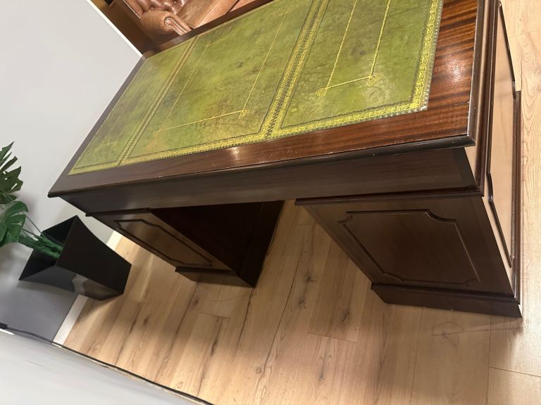 Large Antique Style Captains Bankers Desk Green Leather Twin Pedestal Partners #32