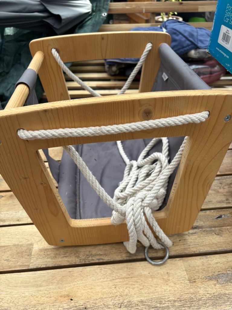 Memoi Wooden Baby Swing with Grey Fabric Seat