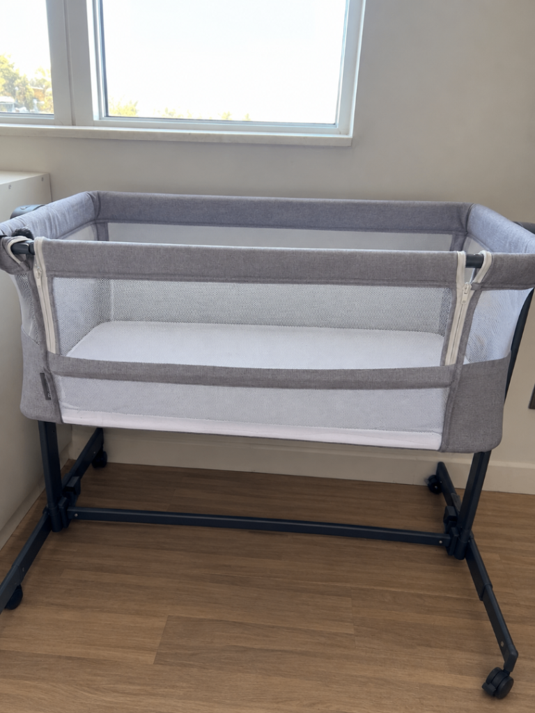 Baby Bedside Crib – Grey, As Good As New