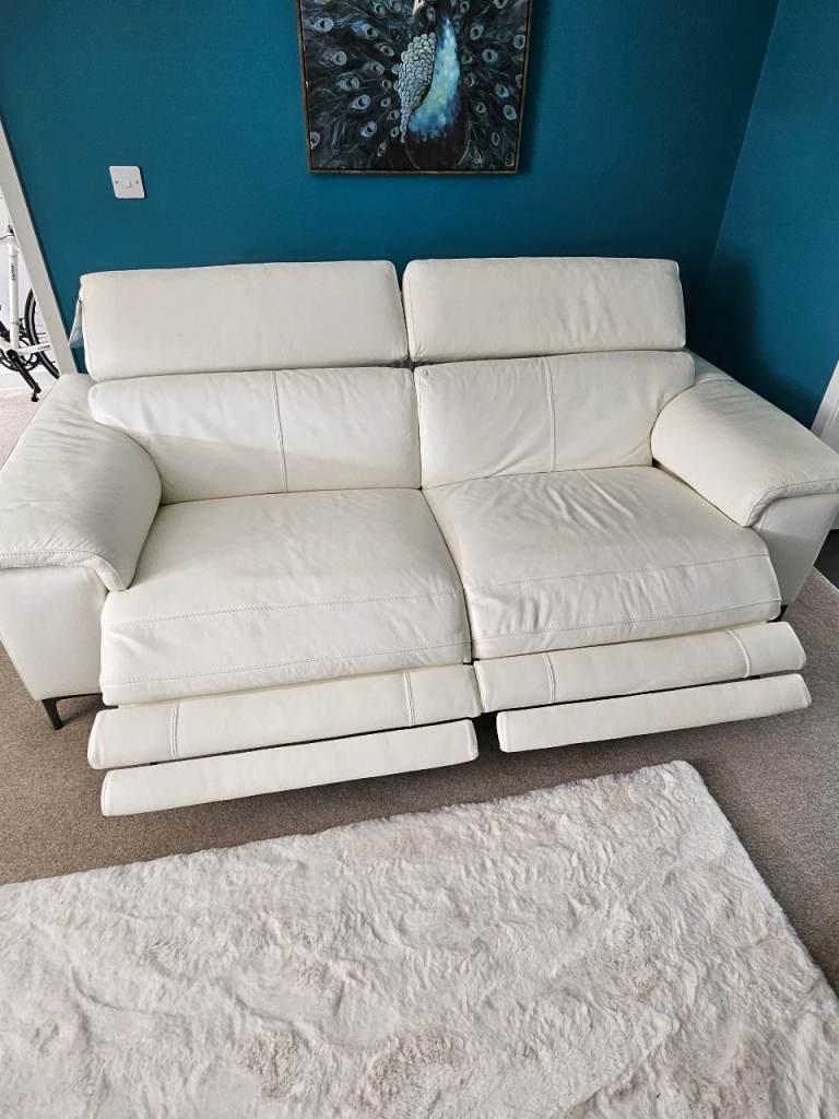 Italian Leather DFS Snow White 3+2 Sofa Set with Electric Recline & USB + Footstool