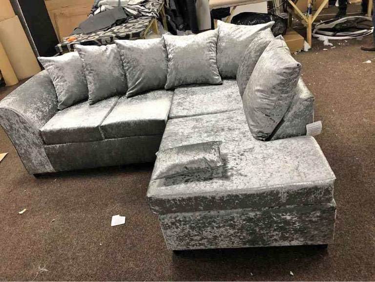 Grey Crushed Velvet Corner Sofa - Looks New!