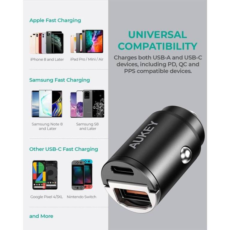 AUKEY CC-A3 30W USB-C PD Car Charger Dual Port Fast Charging QC 3.0 PPS